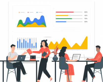 Grafische Darstellung von mehreren am Laptop arbeitenden Menschen vor einem Hintergrund mit verschiedenen Statistiken