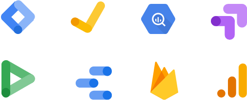 Logos der Google Tools Search 360, Display & Video 360, BigQuery, Optimize, Data Studio, Analytics 360, Firebase