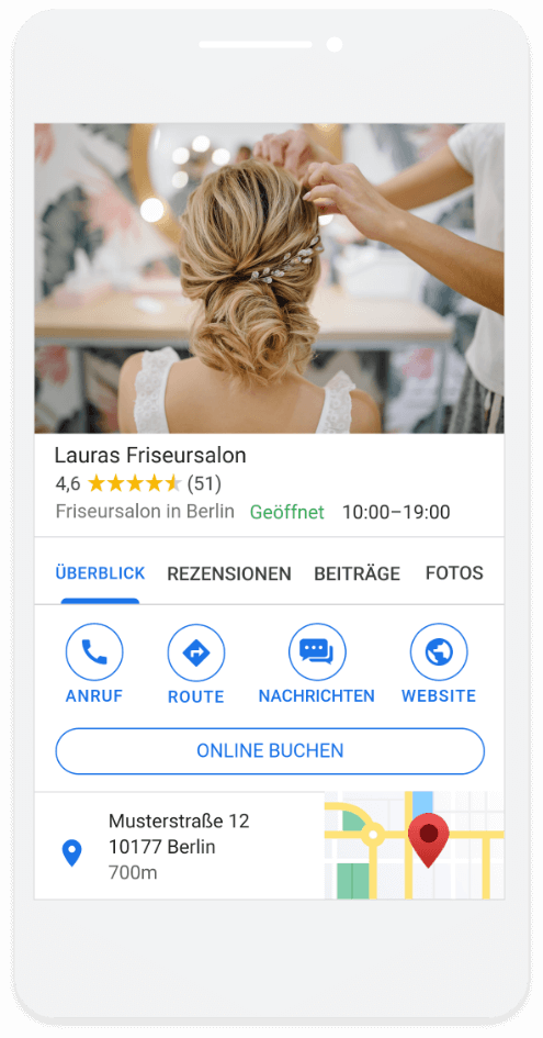 Google MyBusiness Unternehmensprofil in der mobilen Google Ads Suche auf einem Smartphone, Werbung für lokale Ladengeschäfte und Retail